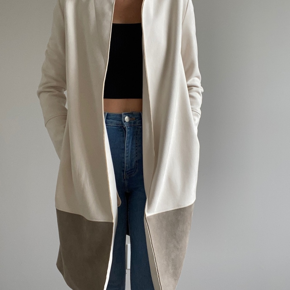 Zara Cream and Taupe Colorblock Long Blazer